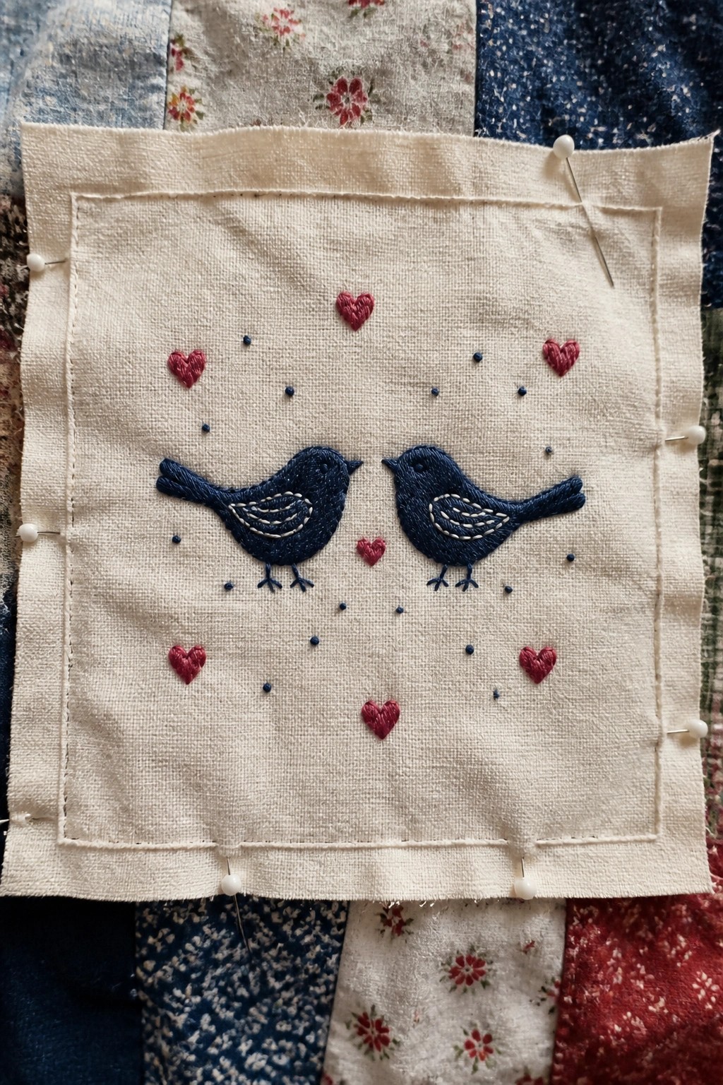 Square cream fabric with two blue embroidered birds facing each other, red hearts, and blue dots pinned to patchwork.