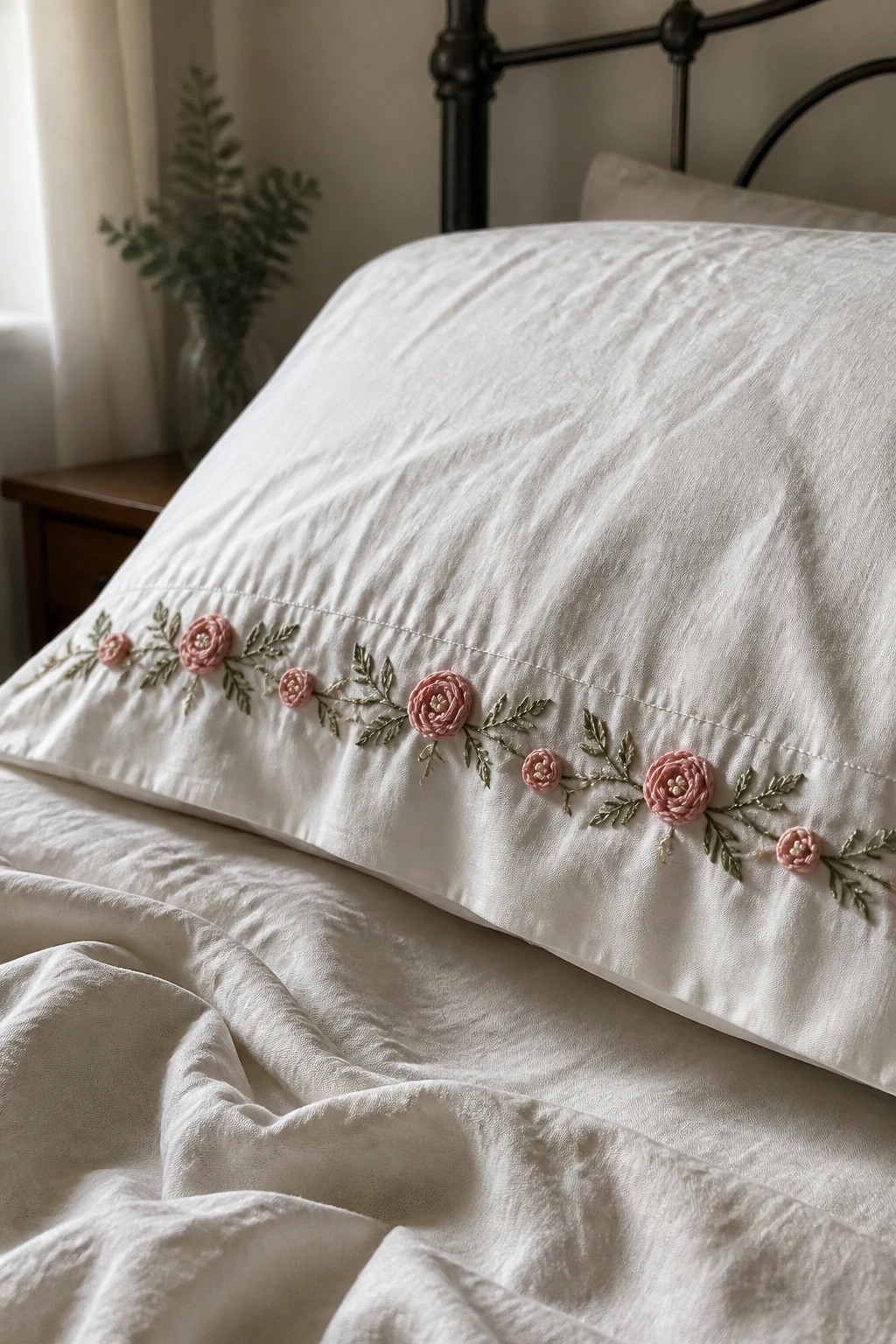 White pillowcase on a bed with a border of small pink embroidered roses and green leaves along the edge.