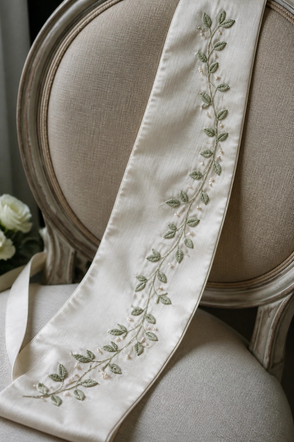 A cream satin ribbon with embroidered green leaves and small pearls draped over a beige upholstered chair.