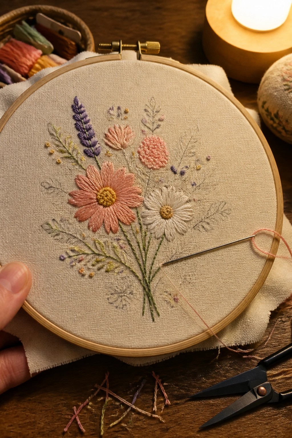 Embroidery hoop with a bouquet of pink and white daisies, lavender, and green stems, needle with pink thread resting on the fabric.