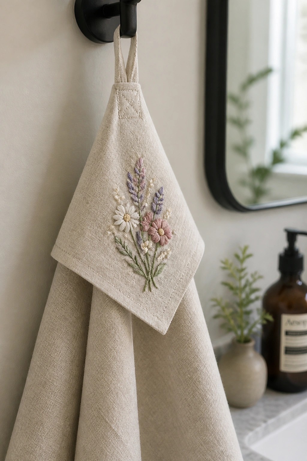 Embroidered beige linen towel with wildflowers hanging from black bathroom hook.