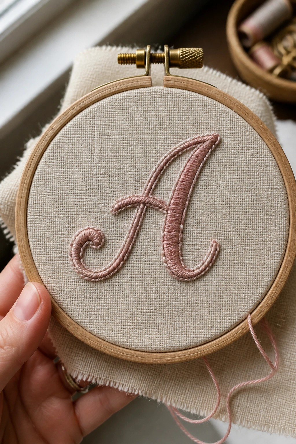 Hand holding wooden hoop with pink embroidered cursive A on beige fabric
