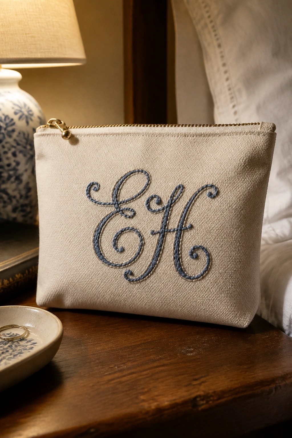 Cream canvas pouch with blue embroidered EH monogram and gold zipper on wood.