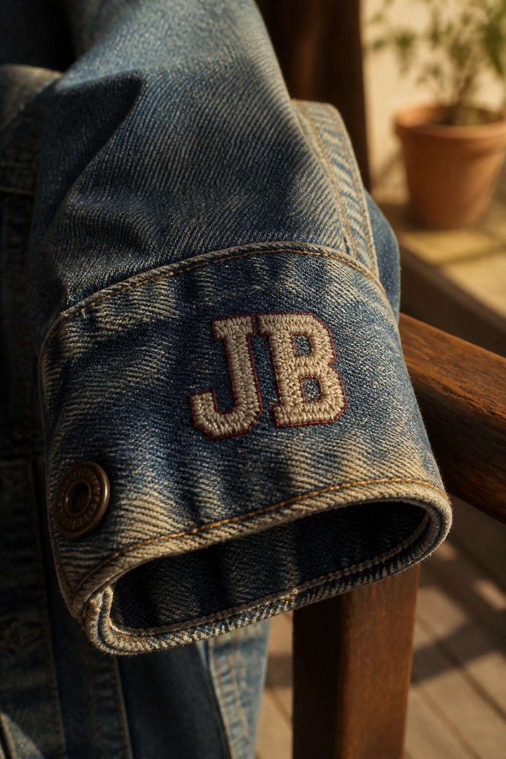 Blue denim jacket cuff with embroidered JB letters and brown button on wood.