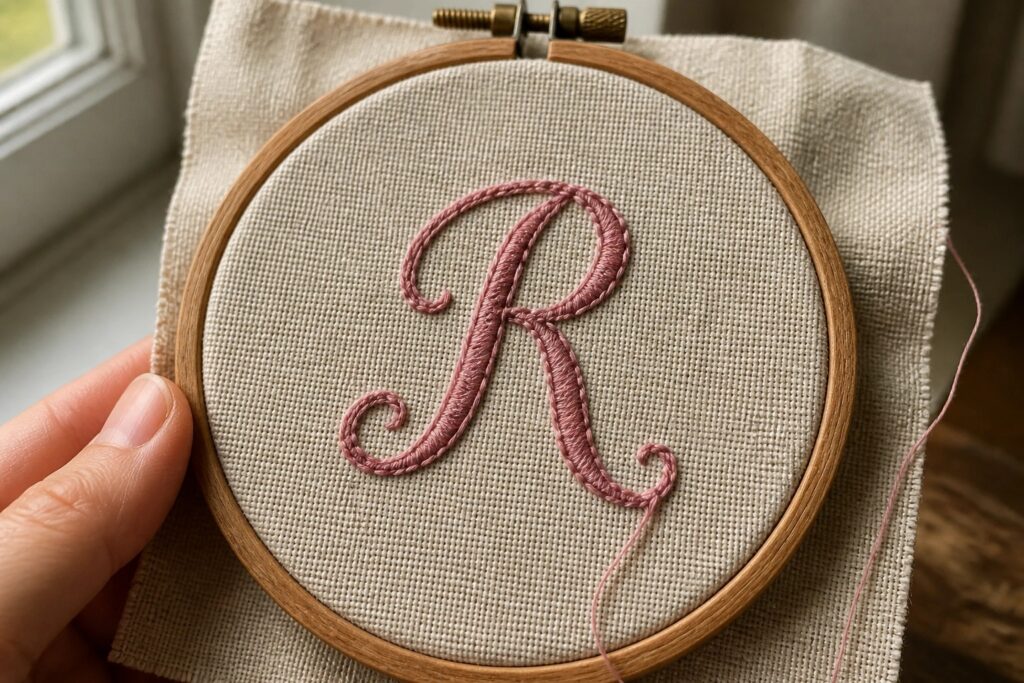 19 Stylish Monogram Embroidery Ideas for Personalized Gifts and Linens Hand holding wooden hoop with pink embroidered cursive A on beige fabric