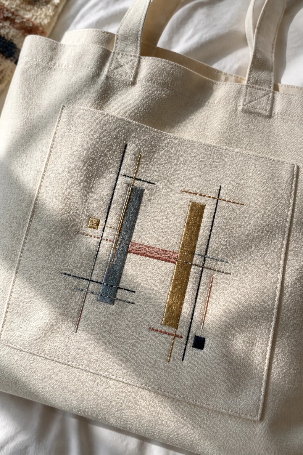 Cream canvas tote bag with abstract geometric embroidery in muted tones on pocket.