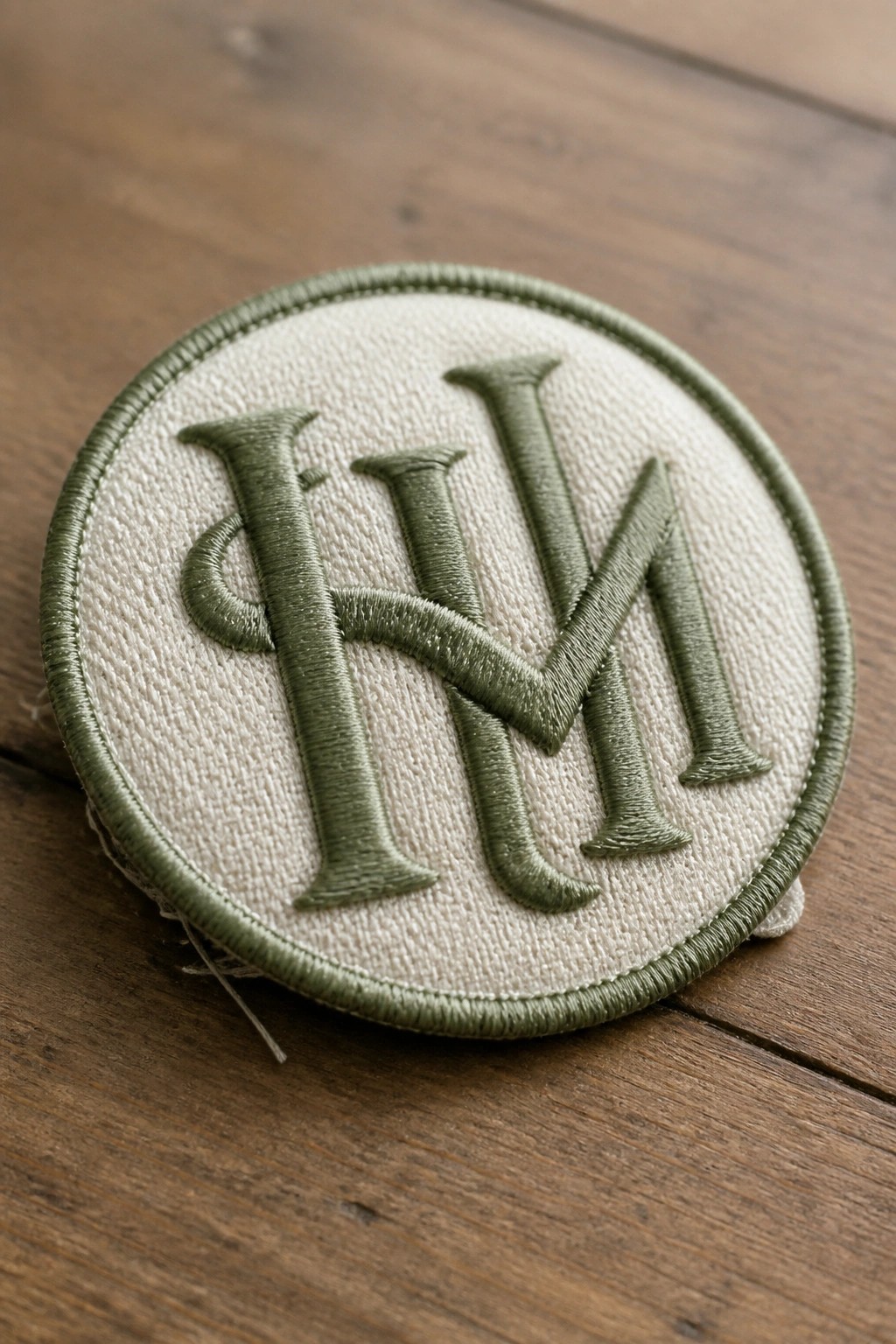 A round embroidered patch with the letters H and M interlocked in green thread on an off-white fabric circle with a green border.
