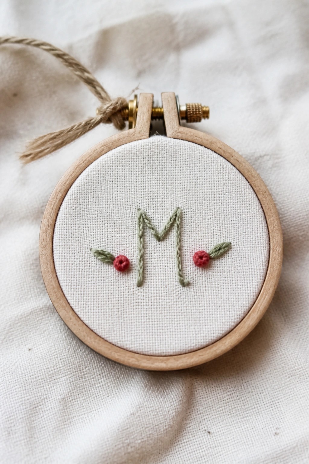 Embroidery hoop with white fabric showing a green letter M and red berries with leaves on each side.
