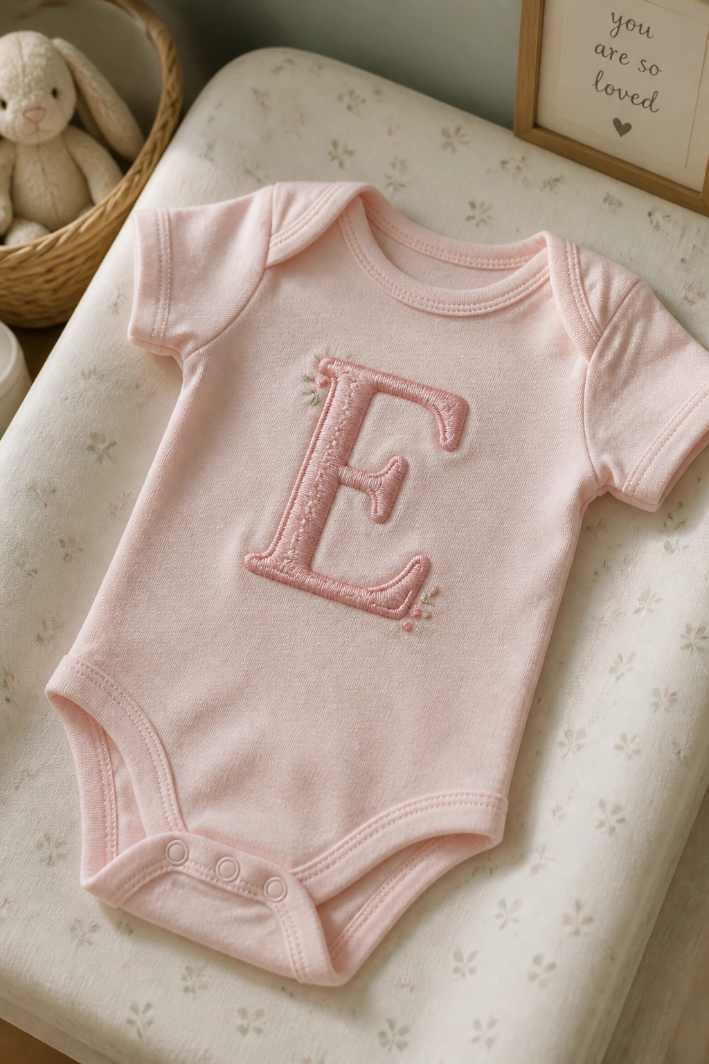 Pink baby onesie with a large embroidered letter E and small floral accents lying on a patterned surface.