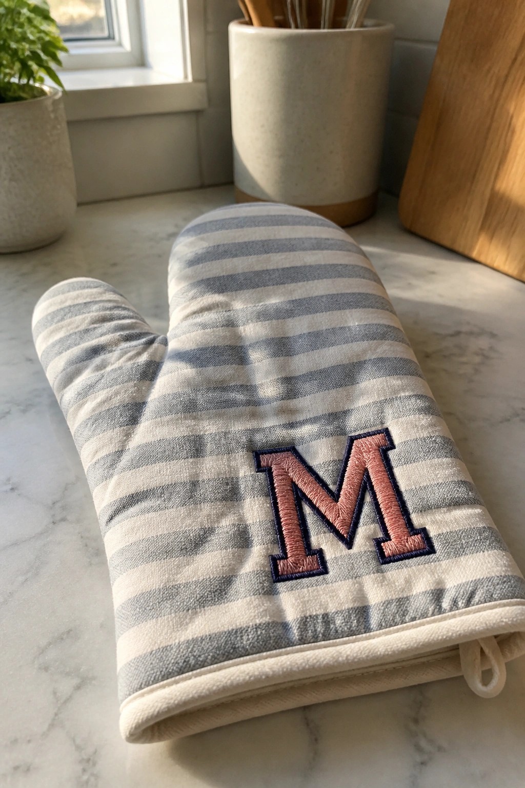 A blue and white striped oven mitt with a large pink embroidered M rests on a marble countertop.