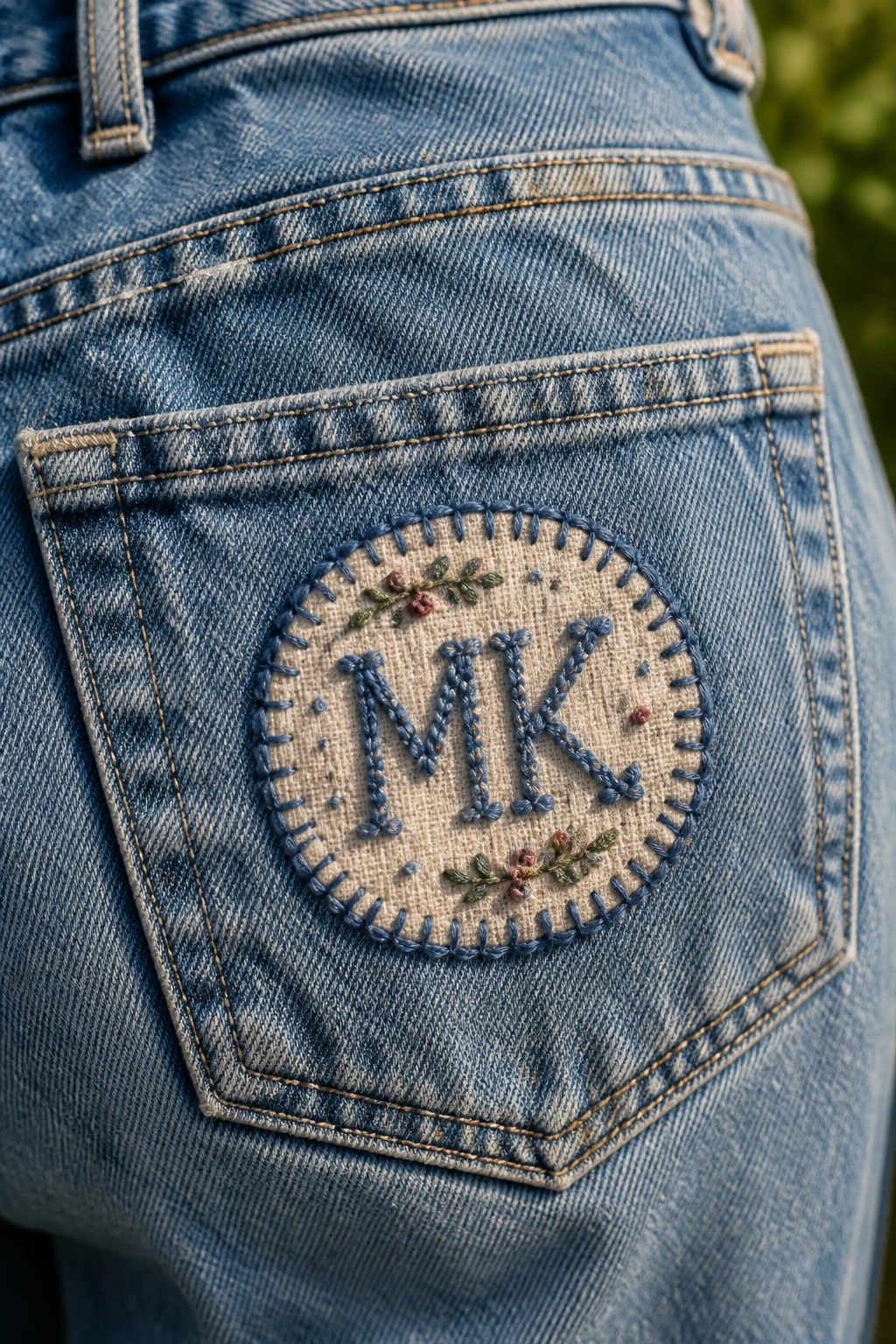 Blue denim jeans back pocket with a circular embroidered patch featuring the monogram MK in blue thread and small floral vines.