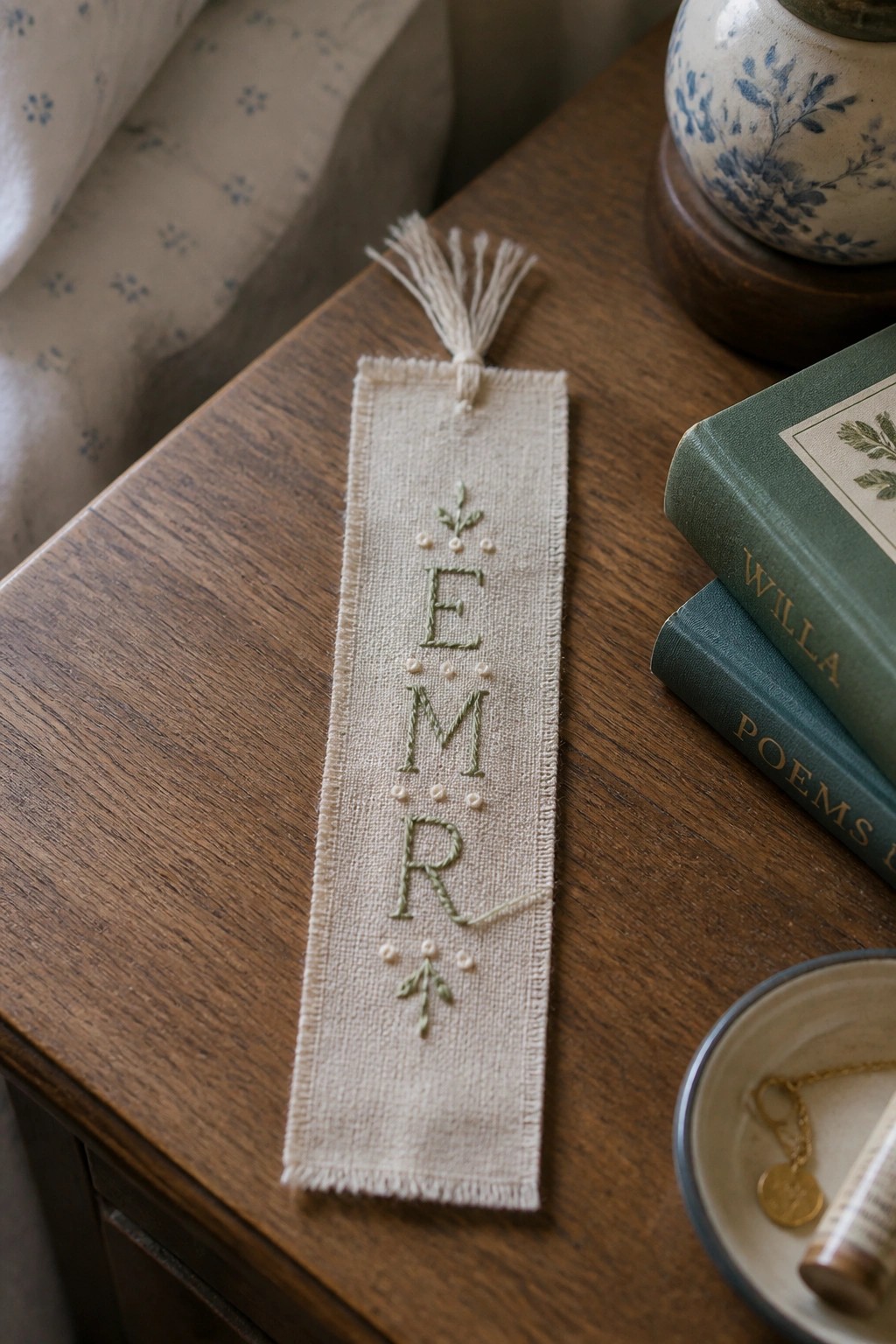 Embroidered linen bookmark with green EMR initials and tassel on wooden table beside books