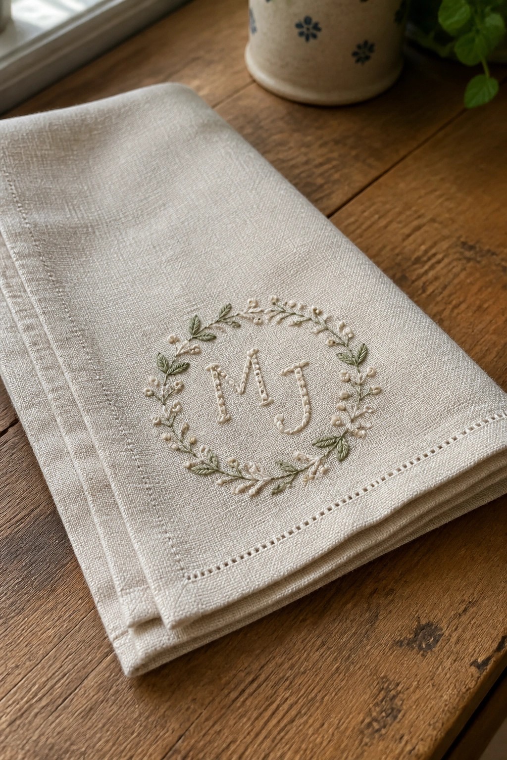 A folded off-white linen napkin embroidered with the monogram MJ inside a wreath of green leaves and small cream berries.