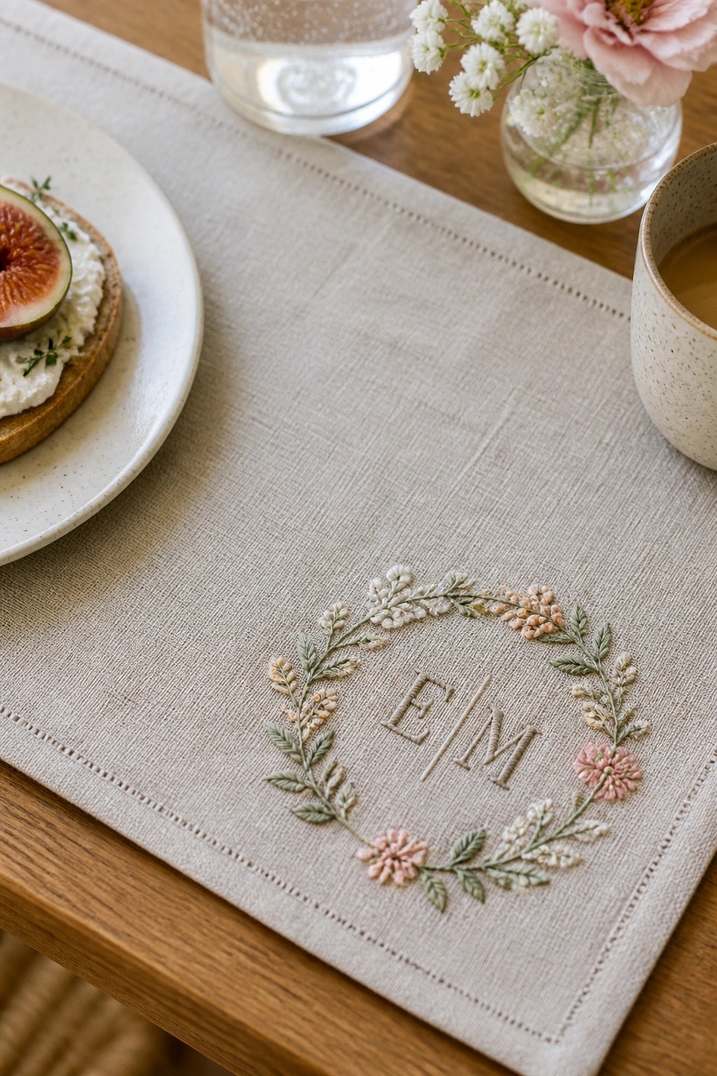 A linen placemat with a floral wreath embroidered around the monogram E/M.