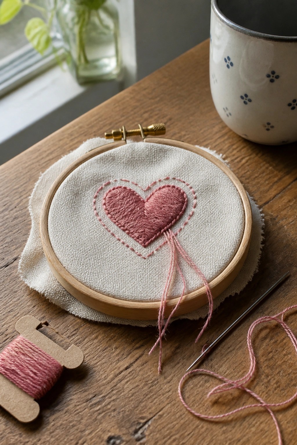 Embroidery hoop with pink heart on wooden table beside thread, needle, and mug.