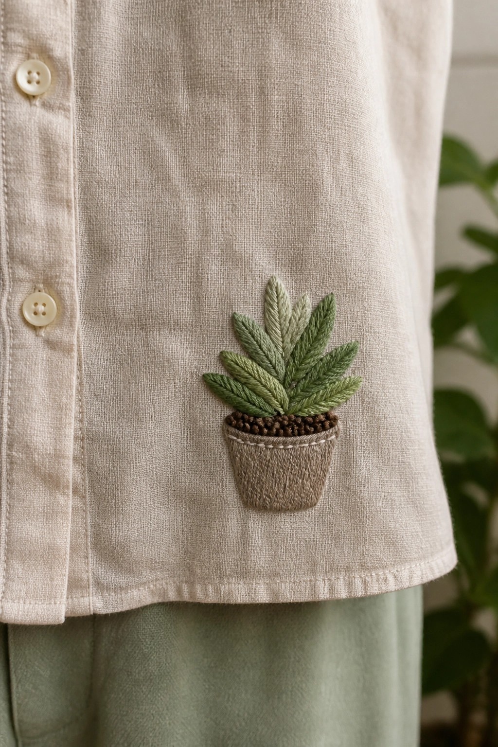 Beige button-up shirt with small embroidered potted plant near the hem.