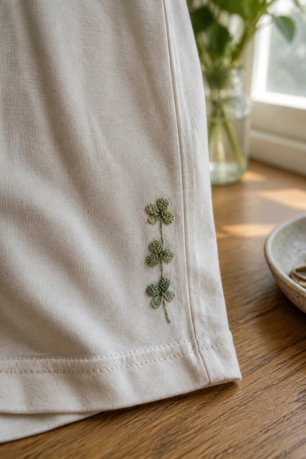 Cream-colored fabric with three green embroidered clovers on wooden surface.