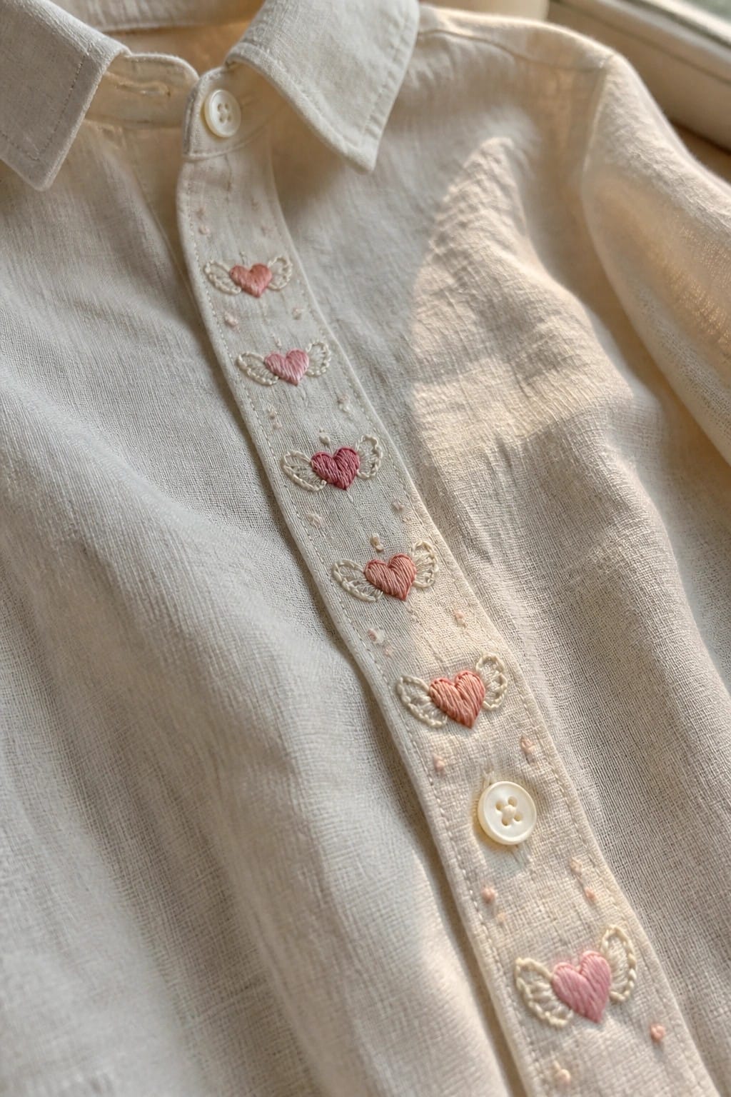 White linen shirt with pink embroidered winged hearts along button placket