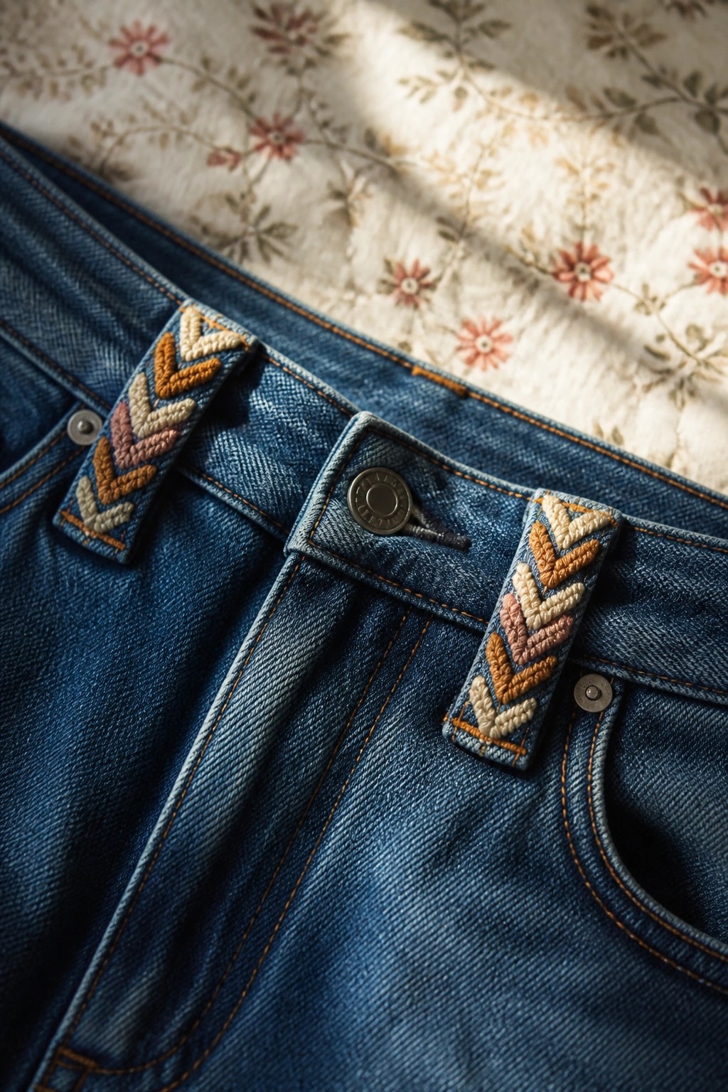 Close-up of blue denim jeans with two small embroidered tabs featuring multicolored chevron patterns attached to the waistband.