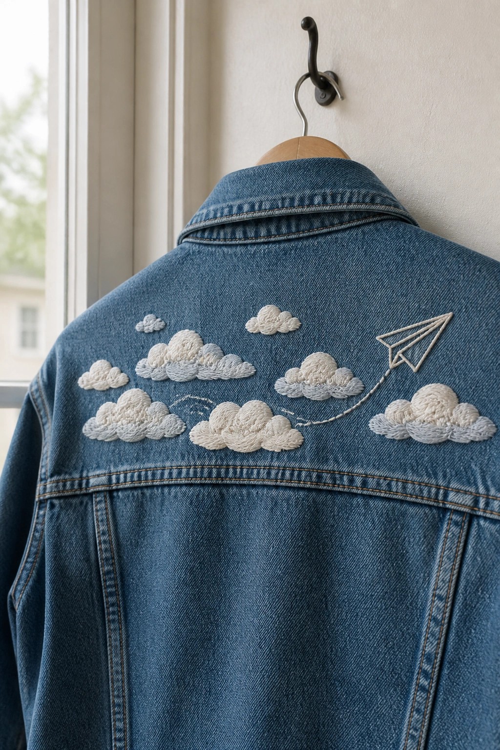 Blue denim jacket embroidered with clouds and paper airplane, hanging on hook
