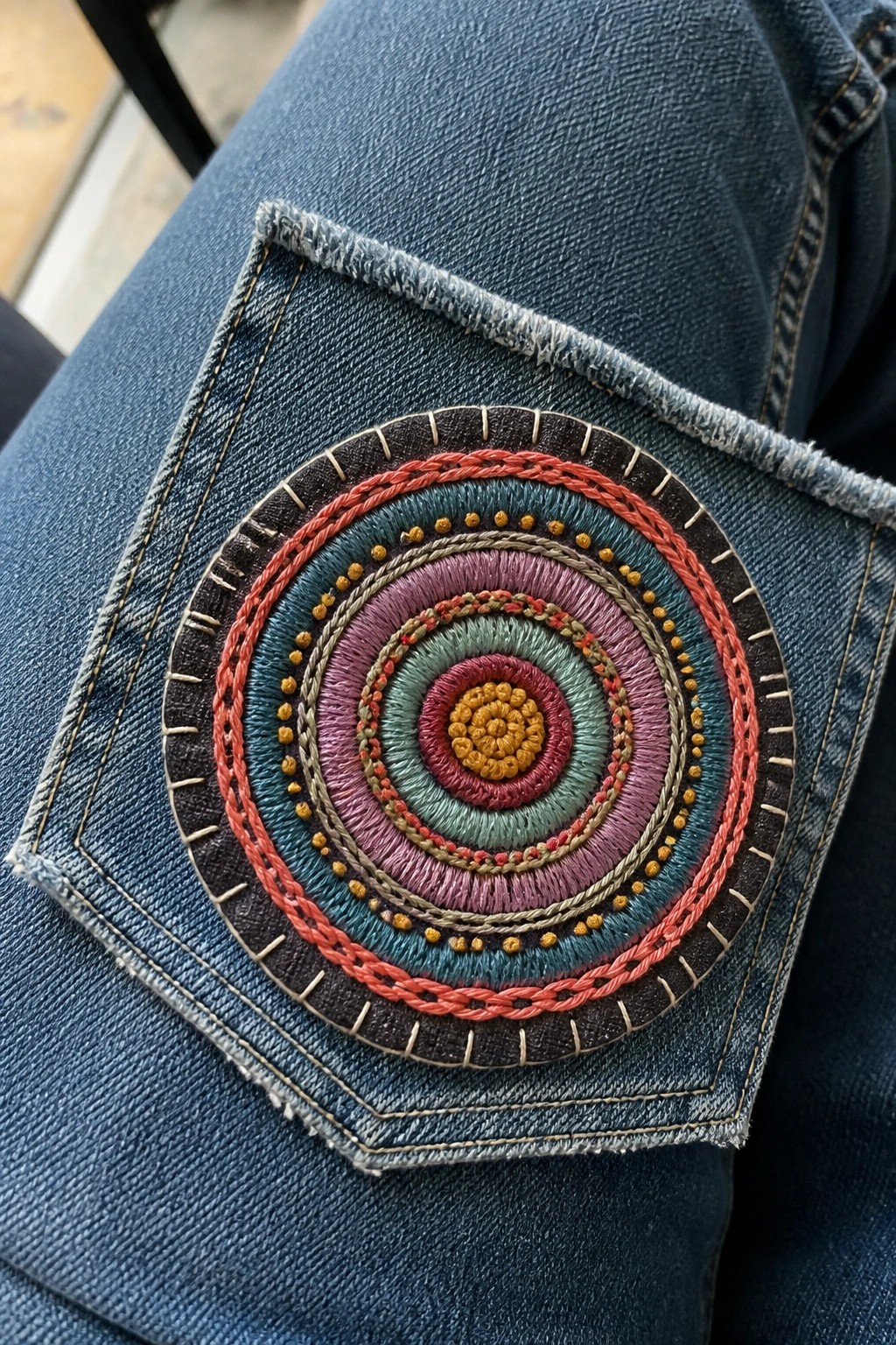 Blue denim pocket with vibrant embroidered concentric circles and yellow accents