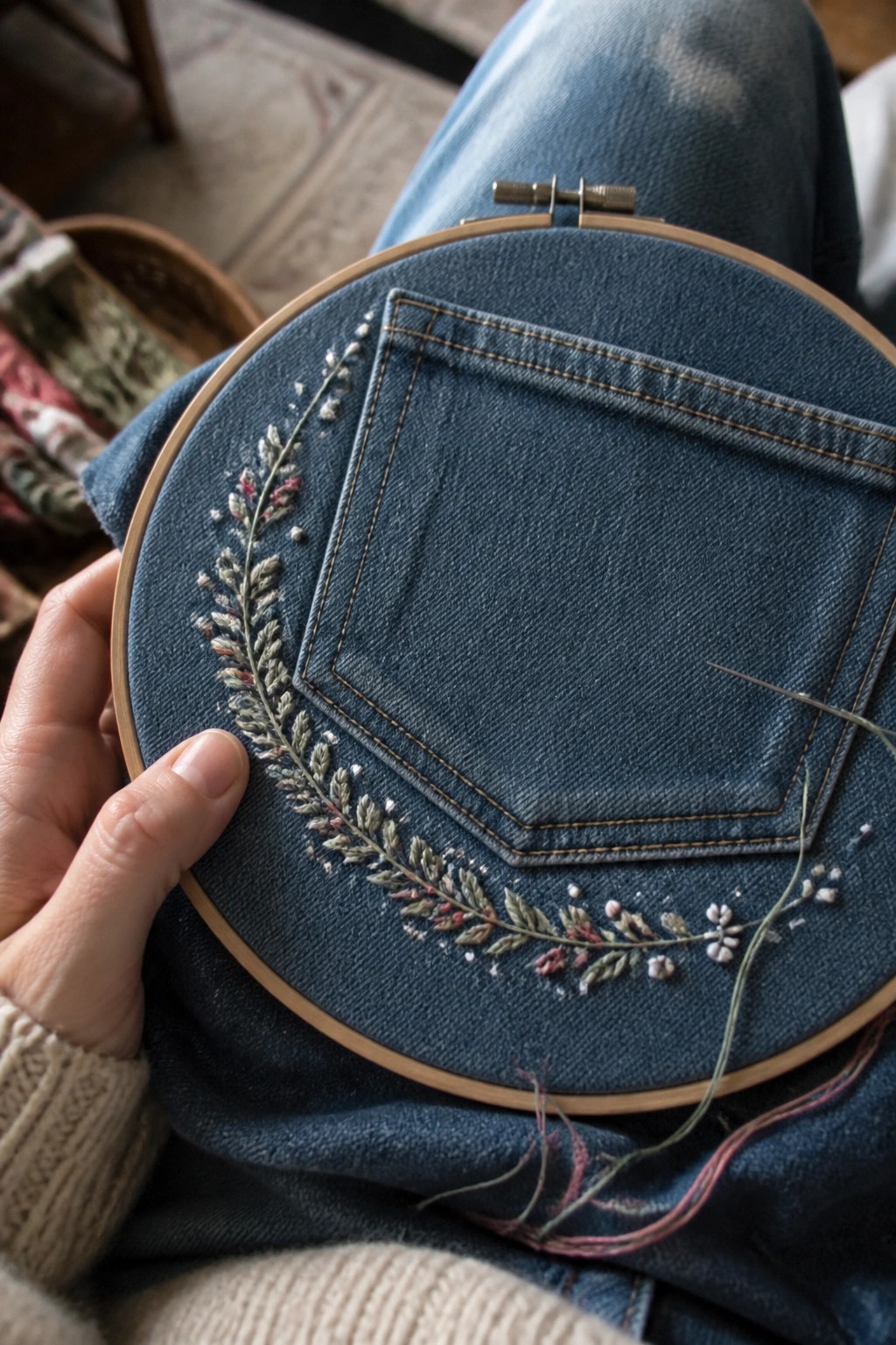Hands holding hoop with floral embroidery on blue denim pocket in jeans