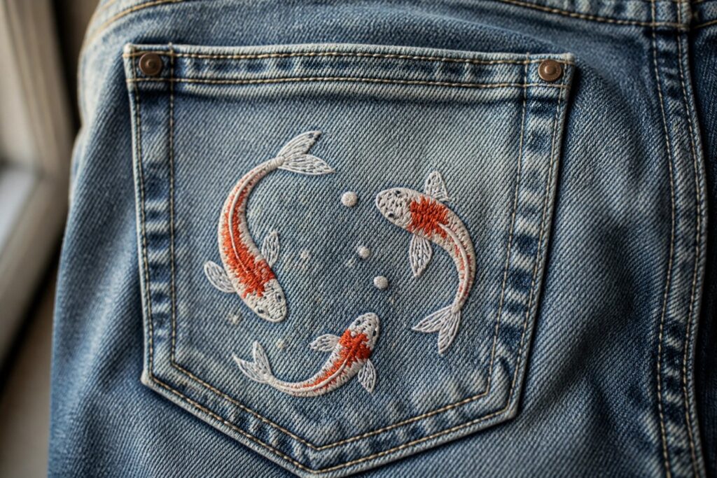 Three embroidered koi fish in orange, white, and black on the back pocket of light blue jeans.