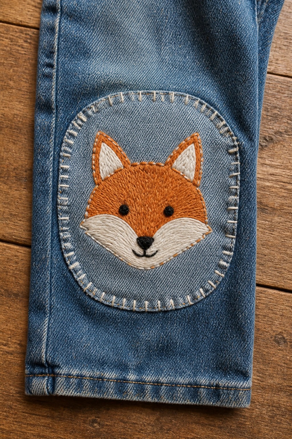 Embroidered orange fox on circular patch sewn to blue denim jeans.