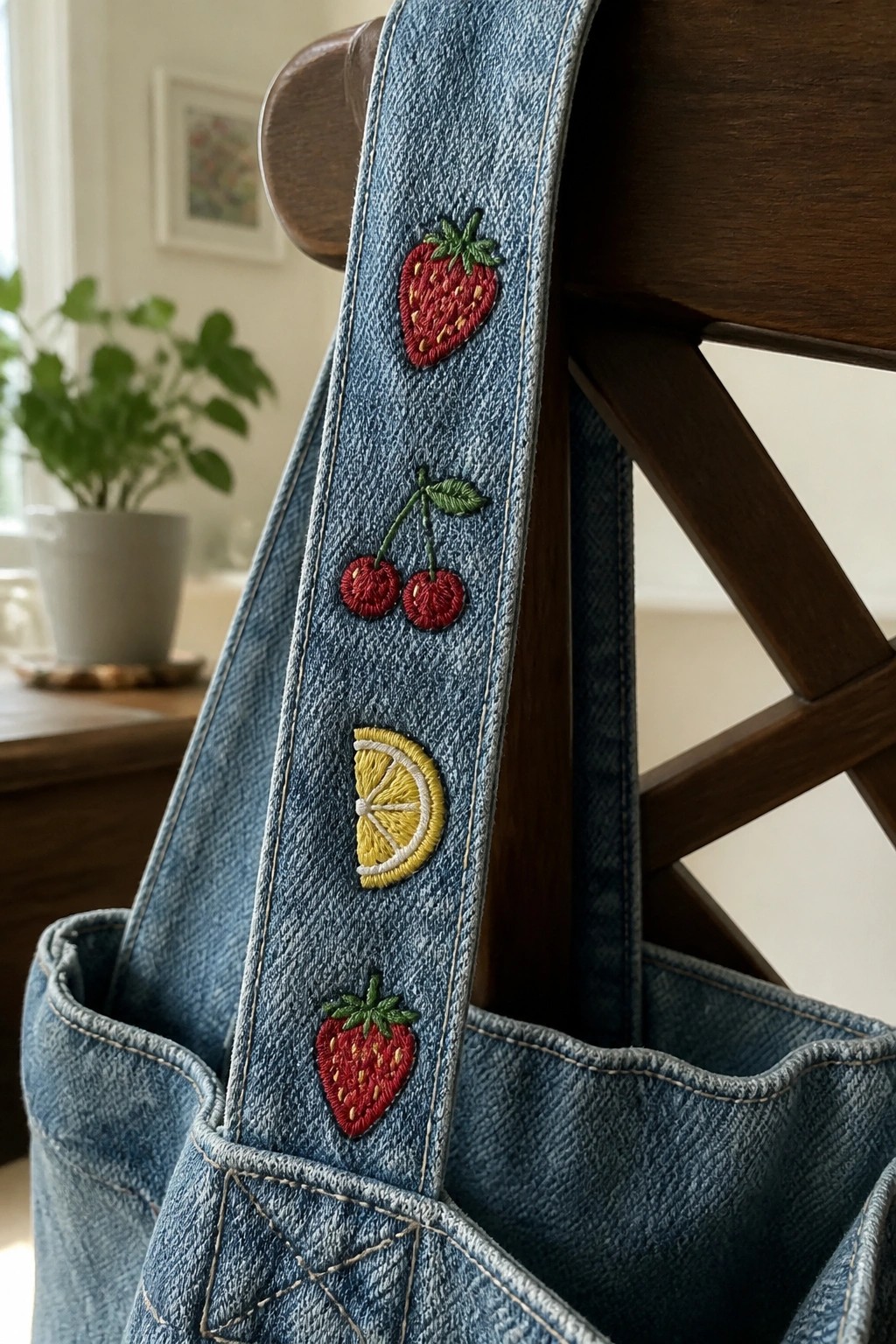 Close-up of a blue denim bag strap with embroidered strawberries, cherries, and a lemon slice spaced along its length.