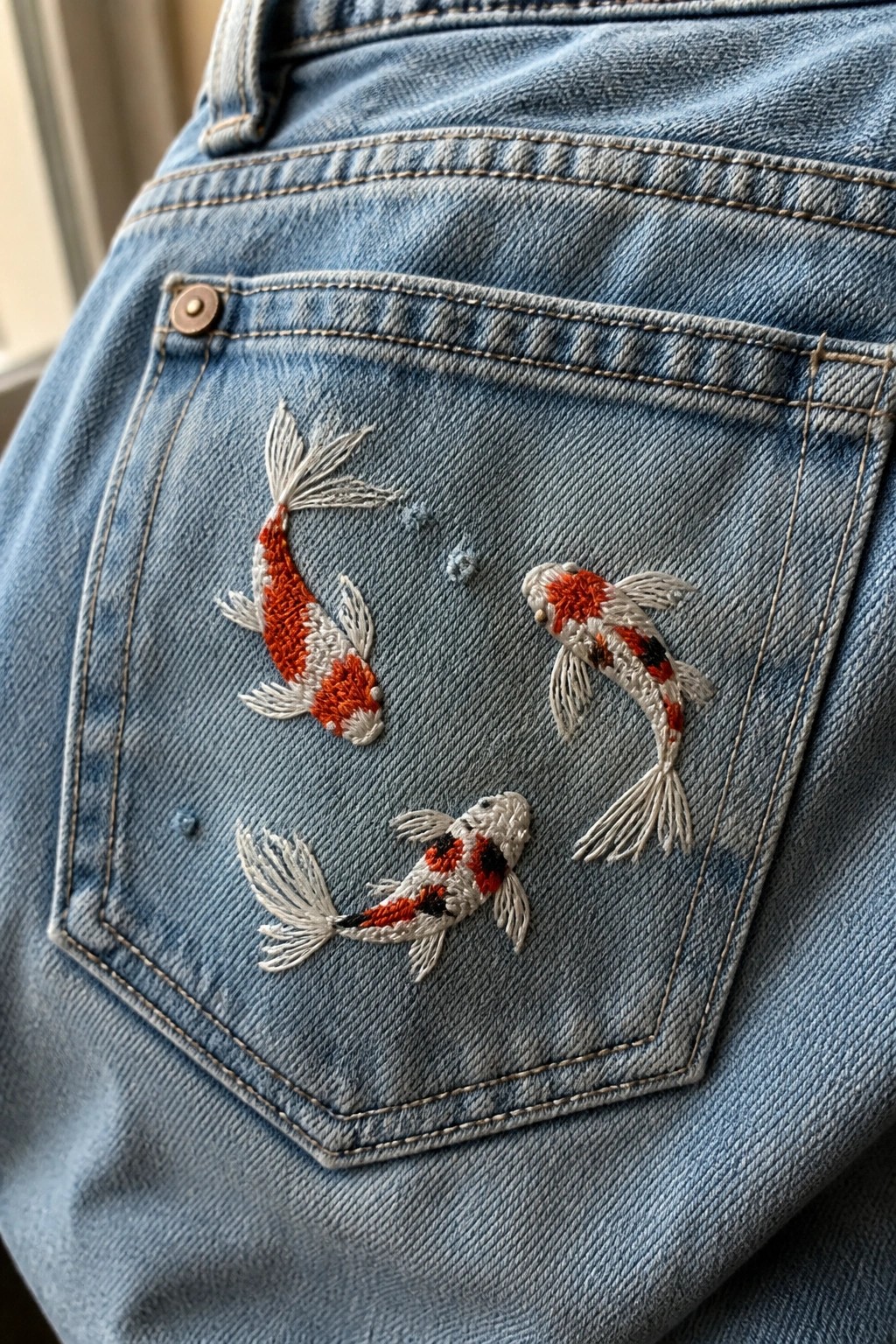 Three embroidered koi fish in orange, white, and black on the back pocket of light blue jeans.