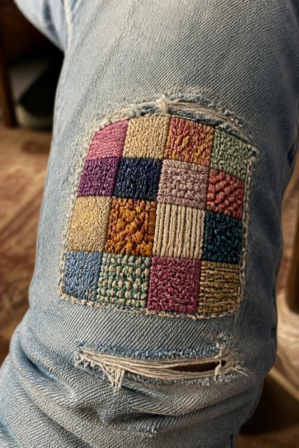 Light blue ripped jeans with colorful embroidered patchwork patch on the knee.