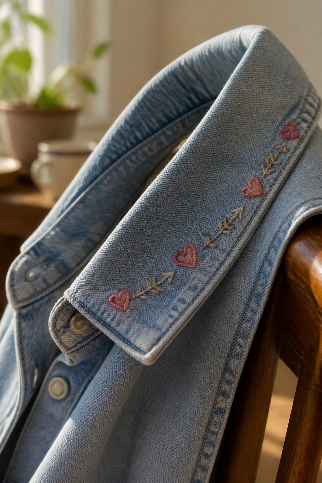 Light blue denim jacket with pink heart embroidery on collar over wooden chair