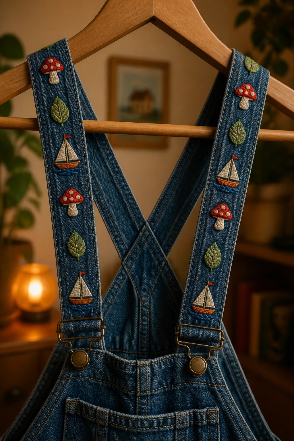 Blue denim overalls with mushroom, leaf, and sailboat embroidery on wooden hanger