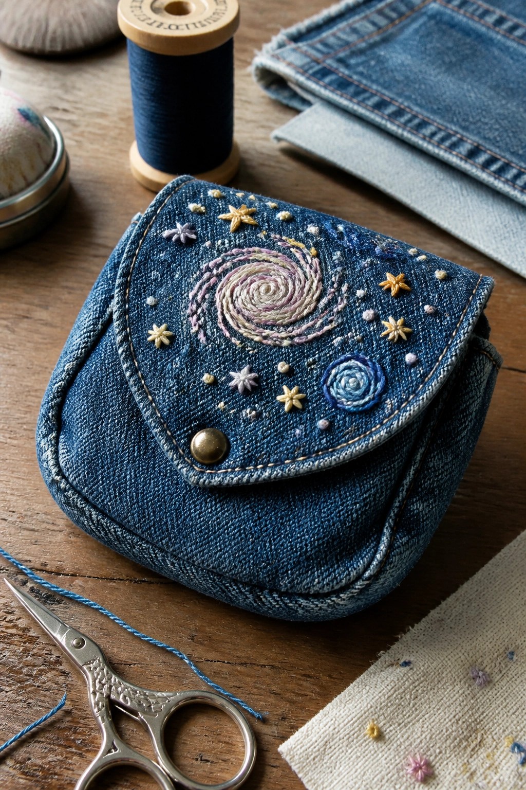 Denim pouch embroidered with galaxy, stars, and spirals amid sewing supplies on wood.