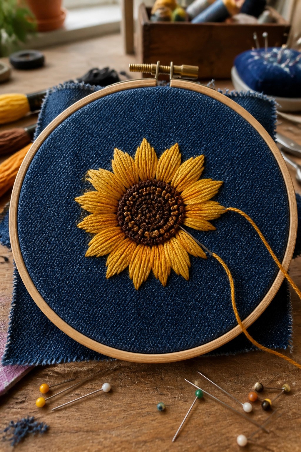 Yellow sunflower embroidery on blue denim in wooden hoop with needle and thread