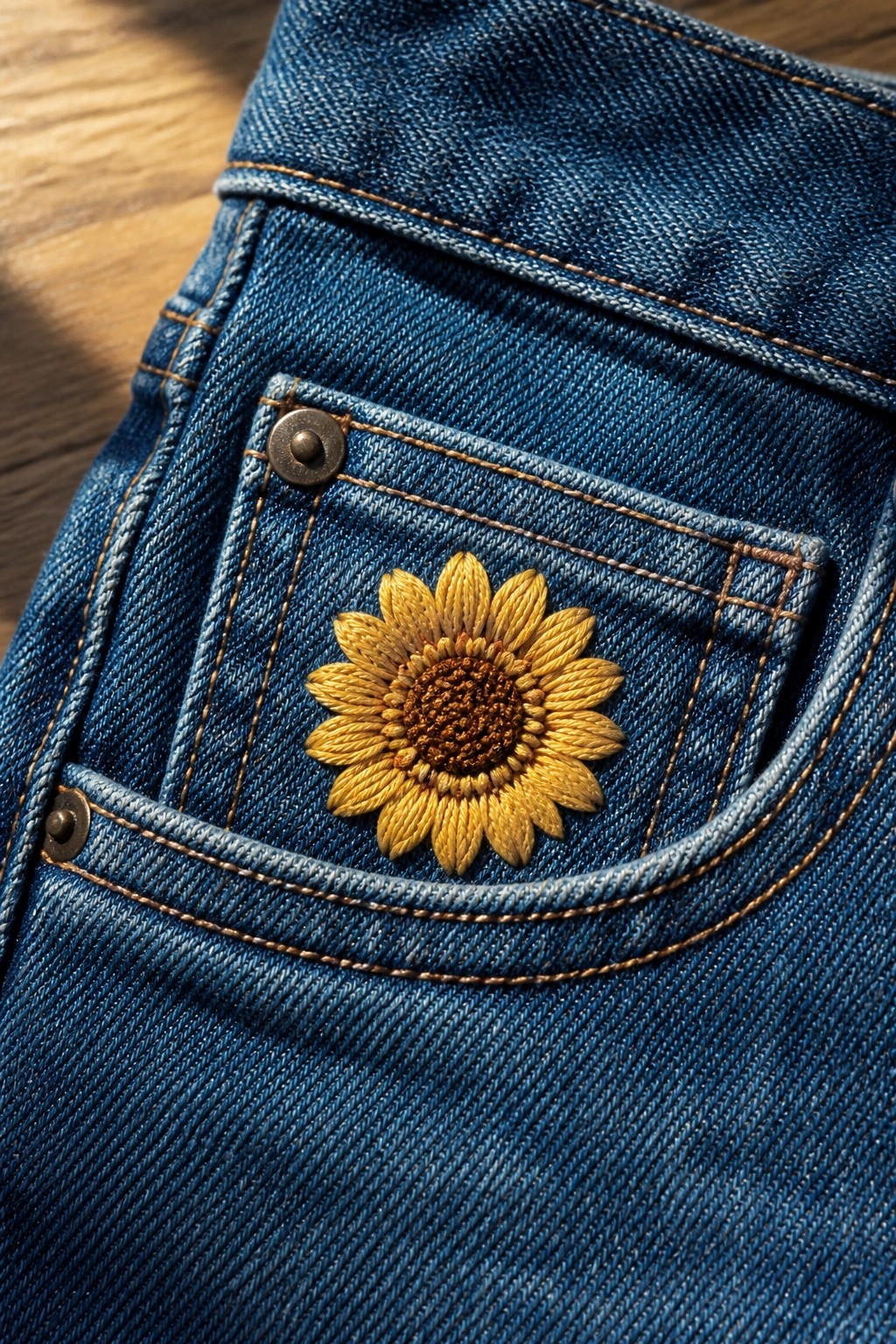 Blue denim jeans pocket with yellow embroidered sunflower and metal rivet on wood