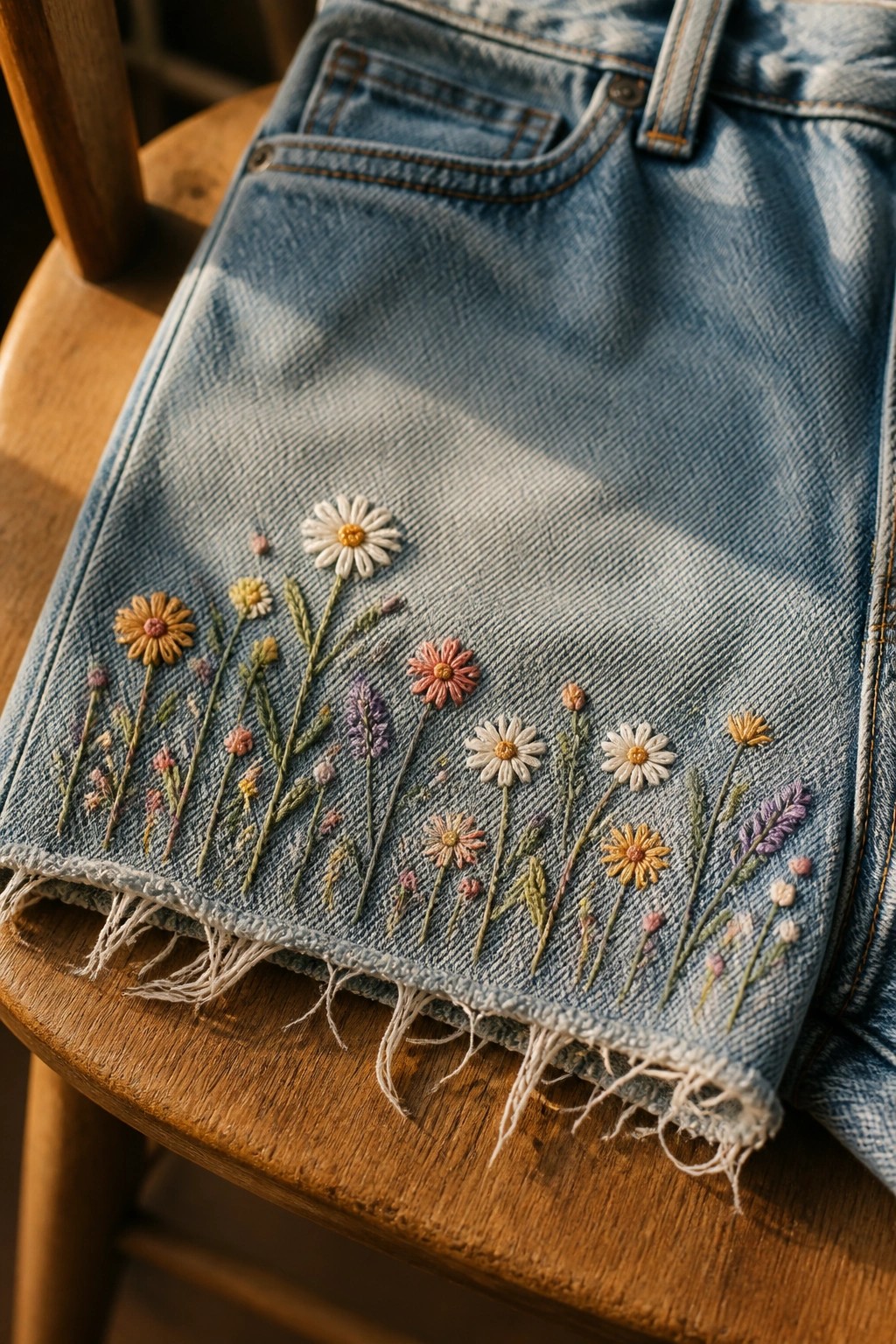 Light blue denim jeans with colorful wildflower embroidery above the frayed hem, shown on a wooden chair.