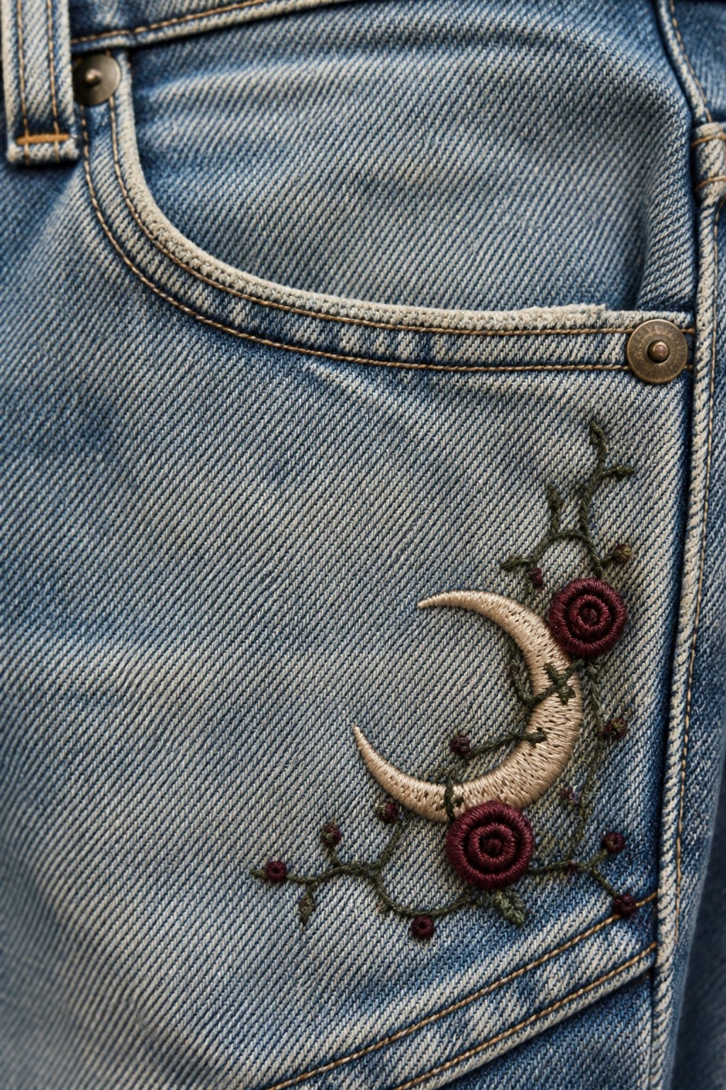 Blue denim jeans with crescent moon, maroon roses, and green vine embroidery.