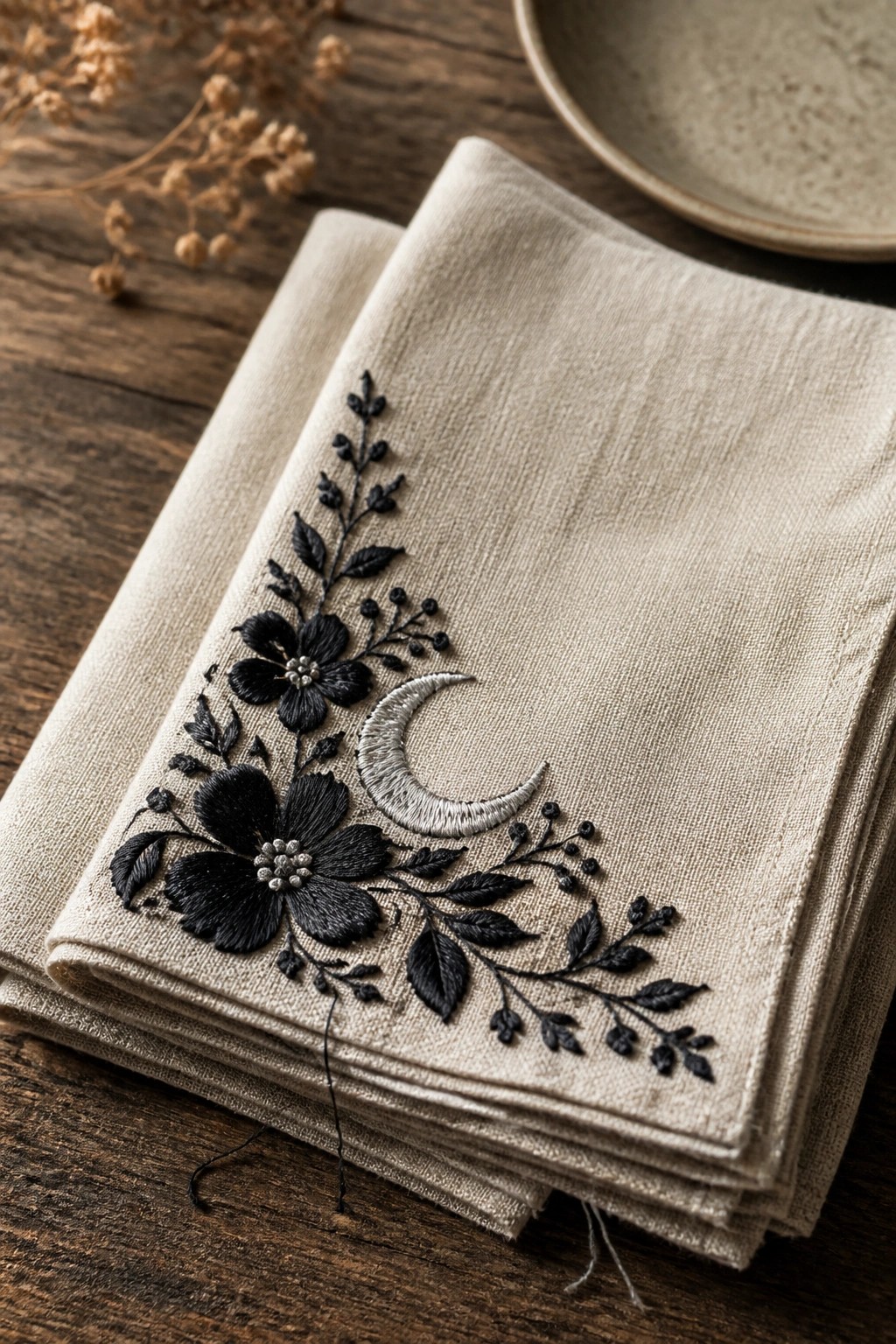 Beige linen napkins embroidered with black flowers and a silver crescent moon.