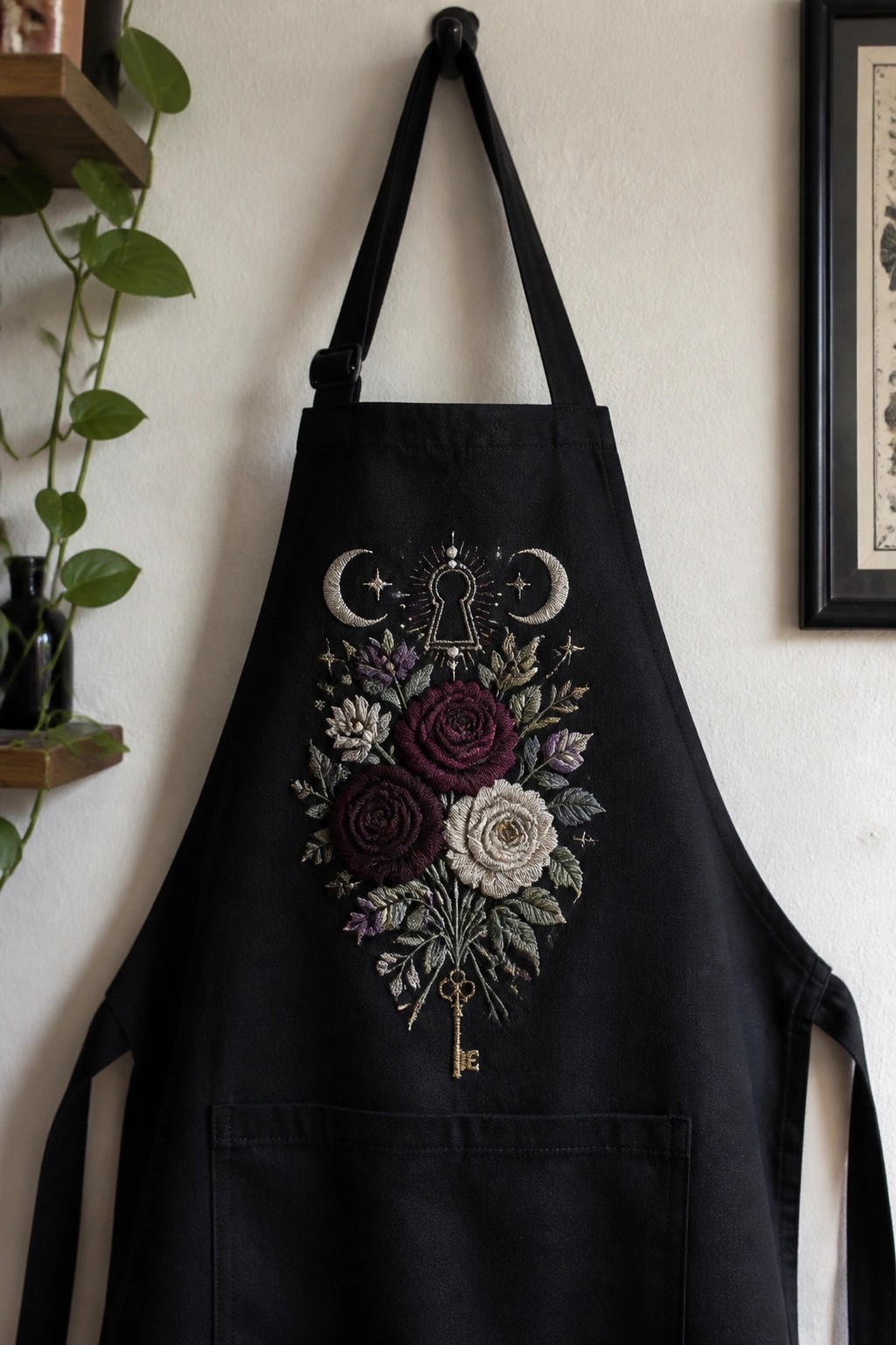 A black apron with embroidered dark roses, moons, stars, a keyhole, and a hanging key.