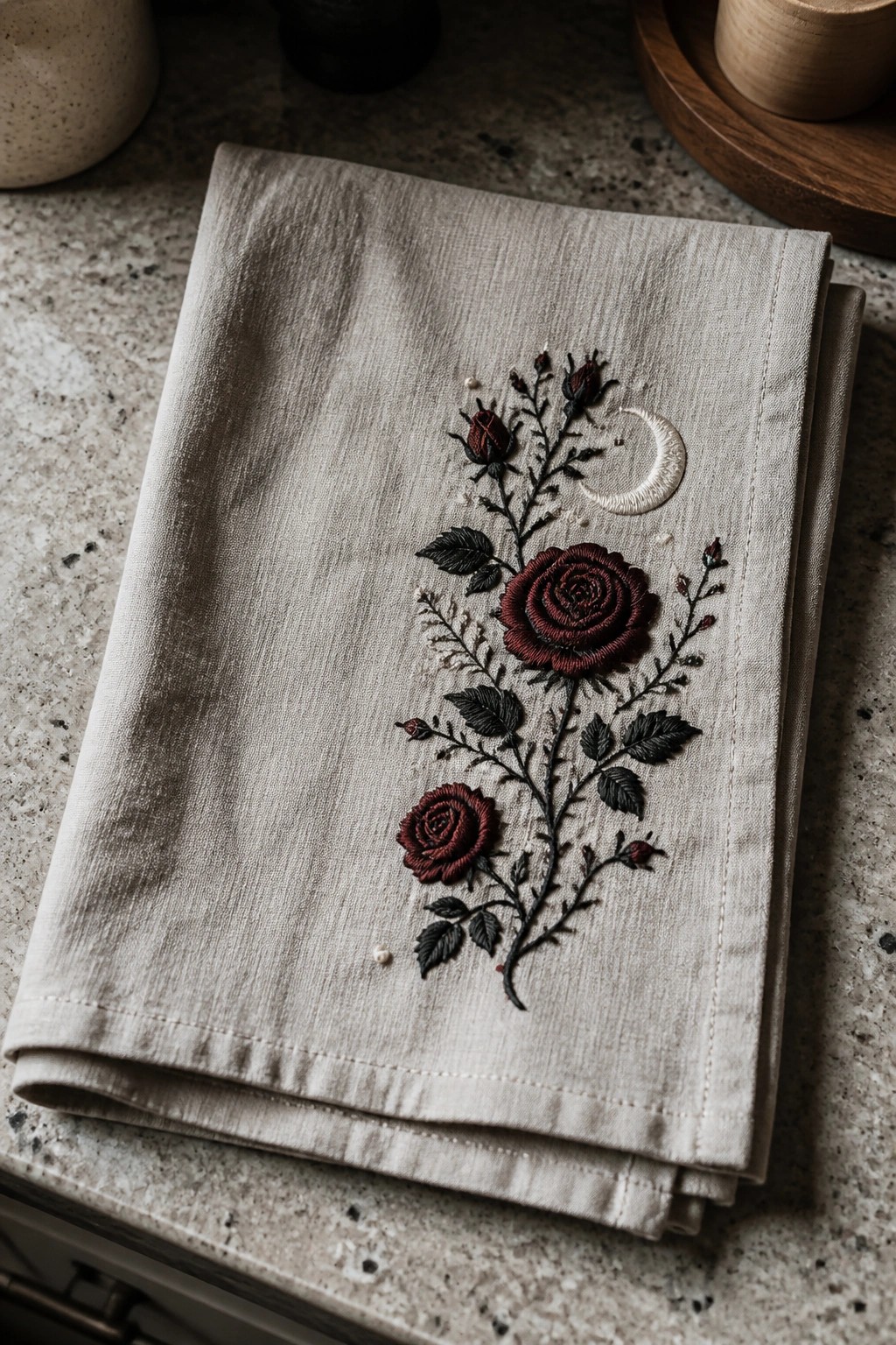 A folded beige linen napkin with embroidered dark red roses, black stems and leaves, and a white crescent moon.