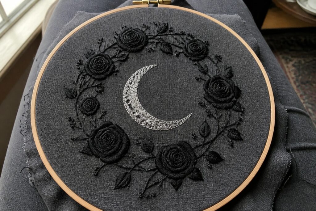 Black embroidery hoop featuring a light gray crescent moon surrounded by black roses and leaves on black fabric.