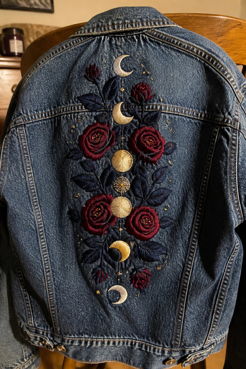 Back of a blue denim jacket with red roses, navy leaves, and a vertical row of gold moon phases embroidered down the center.