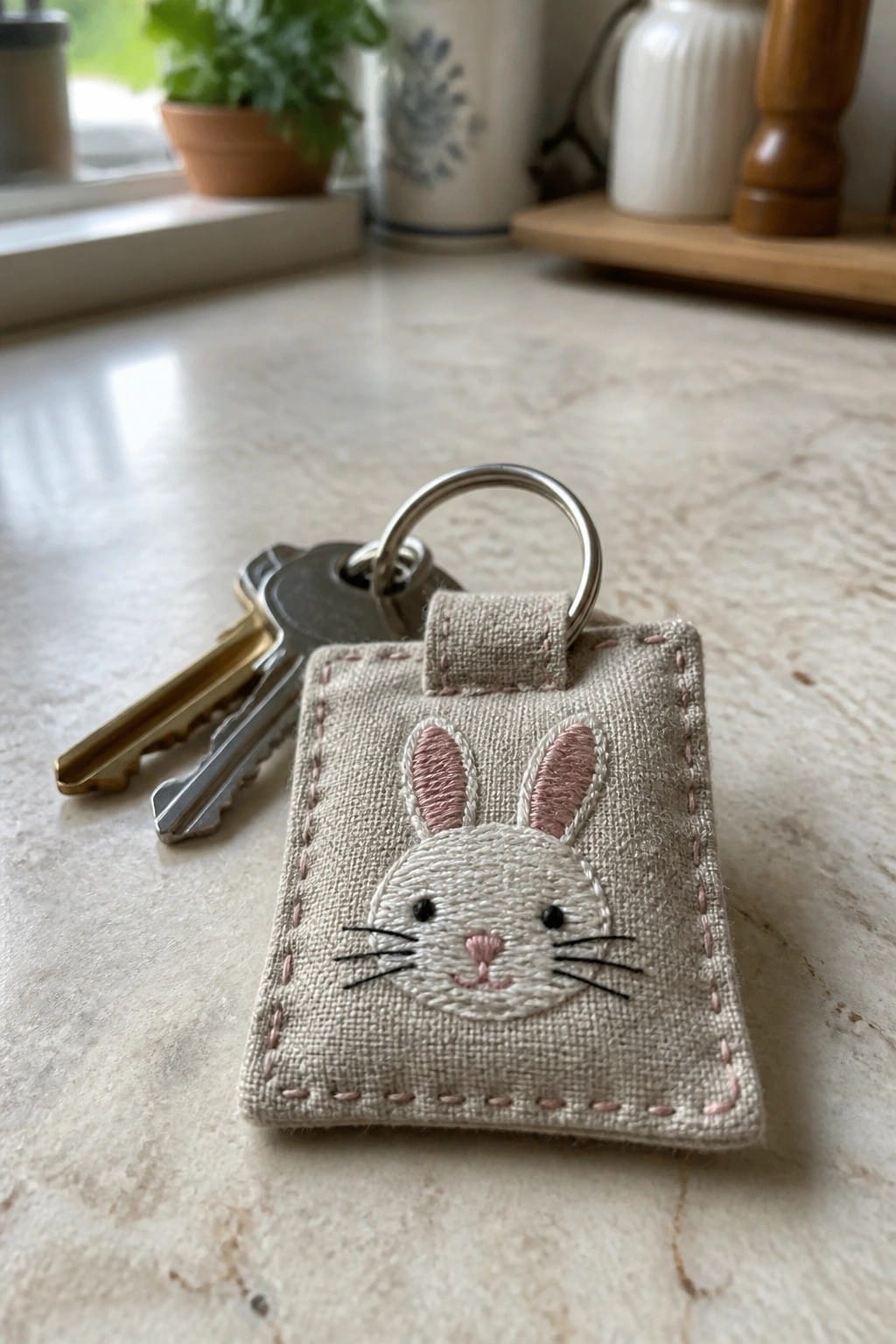 A small beige fabric key fob with an embroidered bunny face attached to two metal keys on a marble surface.