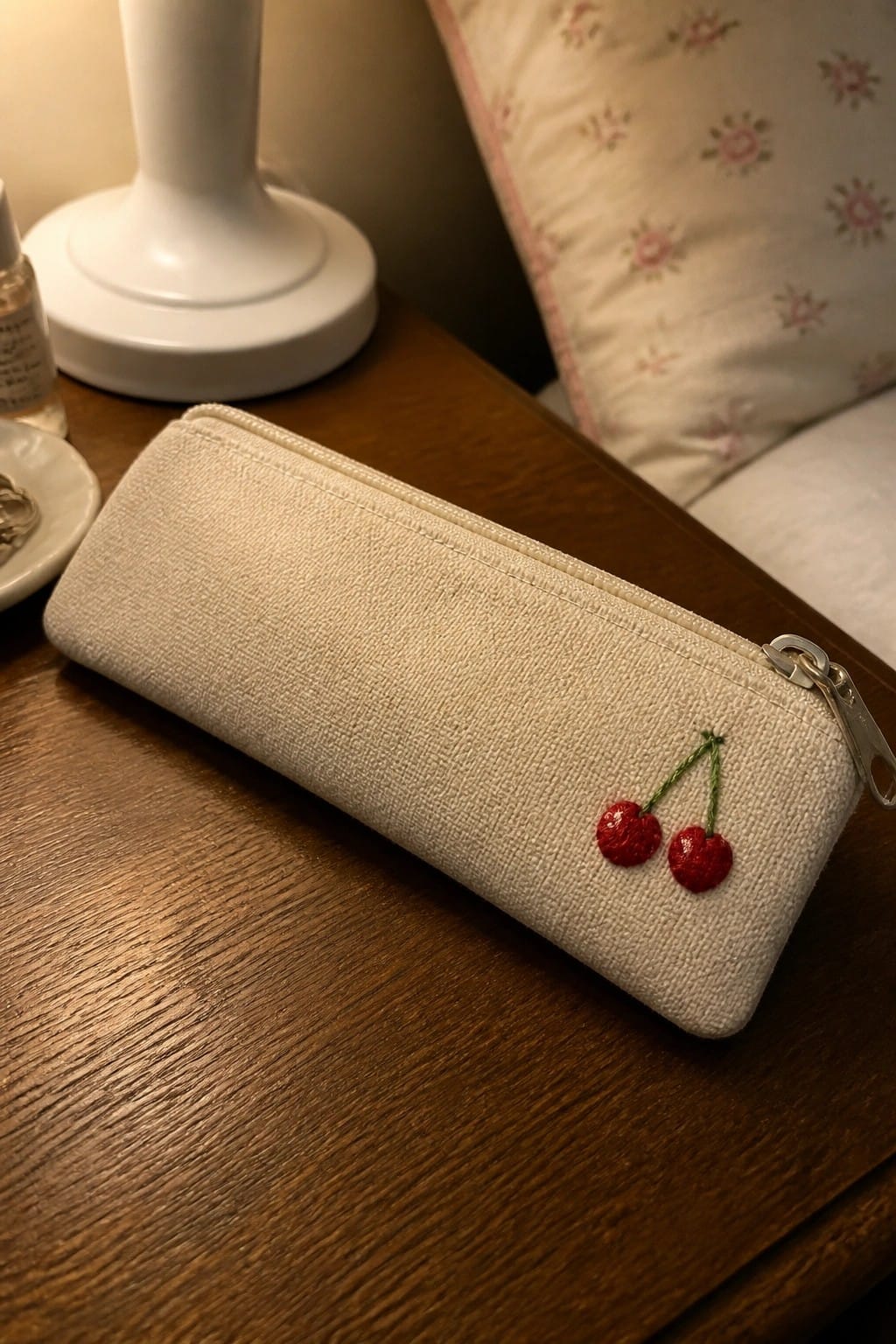 Beige zippered pouch with red cherry embroidery on wooden table near lamp