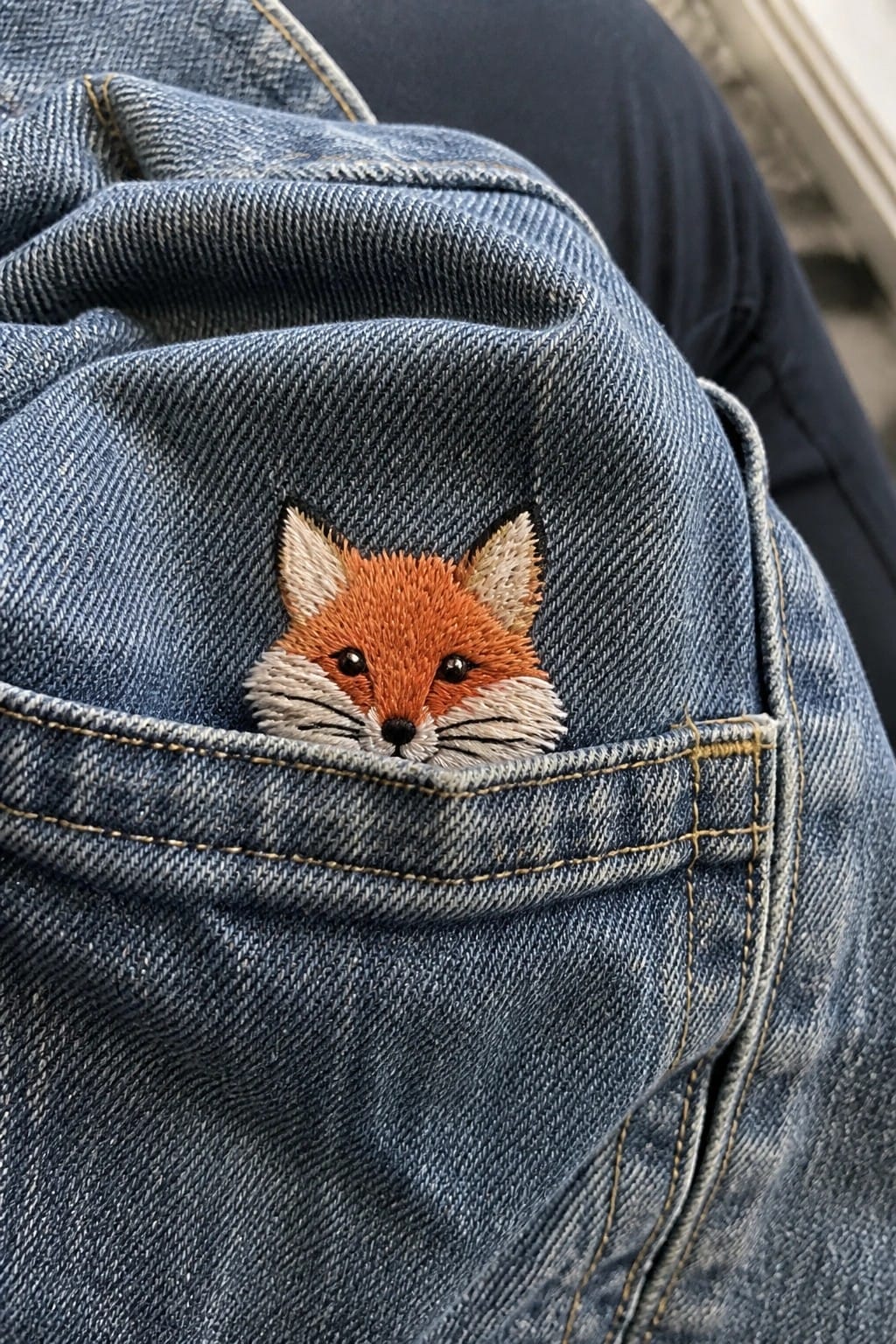Light blue denim jeans back pocket with a small embroidered smiling cloud and three raindrops in blue, green, and pink thread.