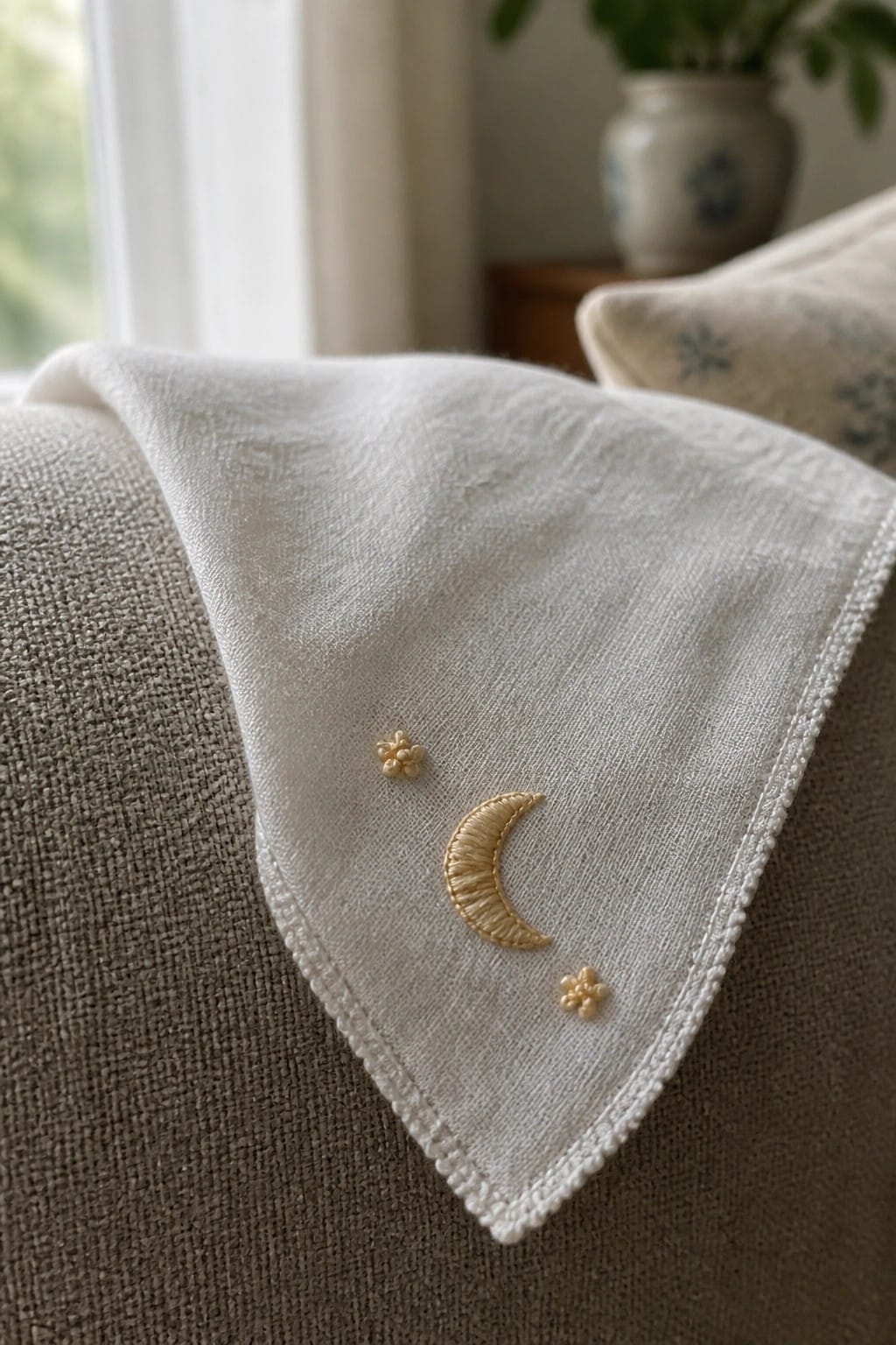 White fabric corner embroidered with a gold crescent moon and three small flower shapes.