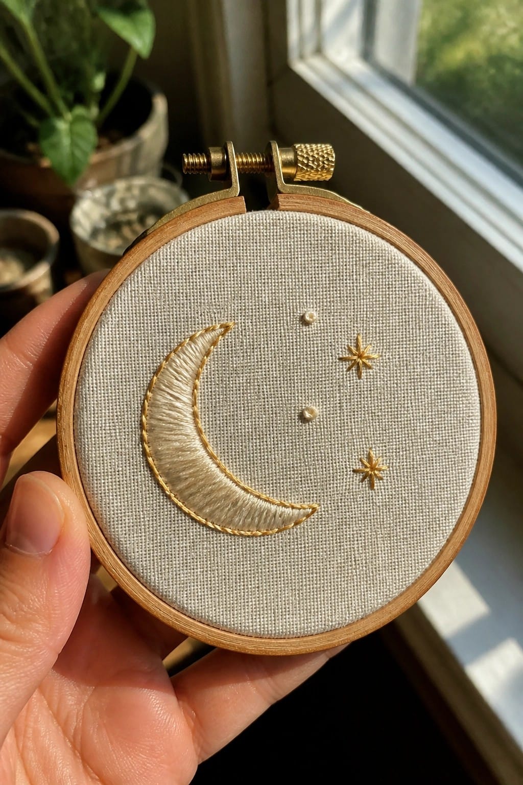 Wooden hoop with embroidered blue moon and stars on beige fabric over denim lap.