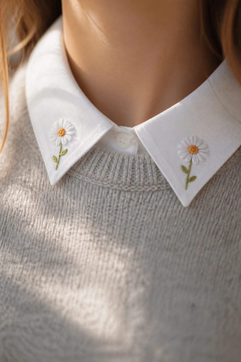 Close-up of a white collar with small embroidered daisies on each point over a beige knit sweater.