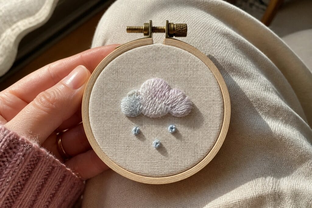 20 Dreamy Cute Small Embroidery Ideas for Calm Aesthetic Stitching Small embroidery hoop with a pastel cloud and three blue dots on beige fabric held over denim.
